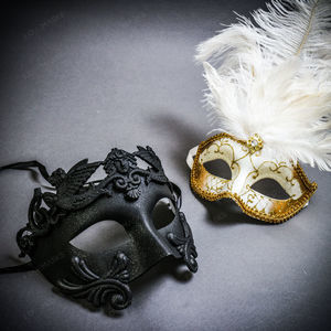 Black Roman Warrior Metallic & Gold Mardi Gras Top White Feather Couple Masks